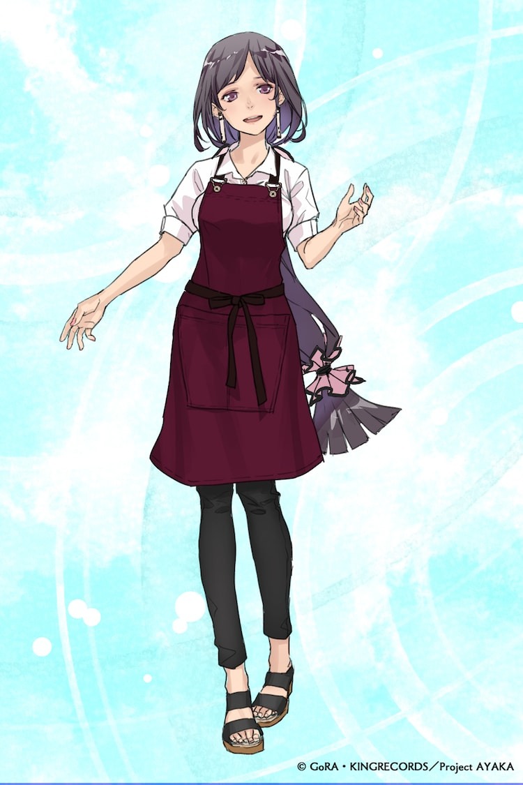 A character setting of Momoko Amamiya from the upcoming AYAKA TV anime. Momoko is a slender woman with long purple hair and purple eyes. She wears a white dress shirt and black slacks with a maroon apron over her work clothes. She also wears sandal shoes and has a large pink ribbon tying her long hair into a ponytail at the tips..