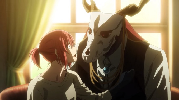 Chise and Elias share an intimate moment in the study while the fading sunlight dapples through the windows behind them in a scene from the upcoming second season of The Ancient Magus' Bride TV anime.