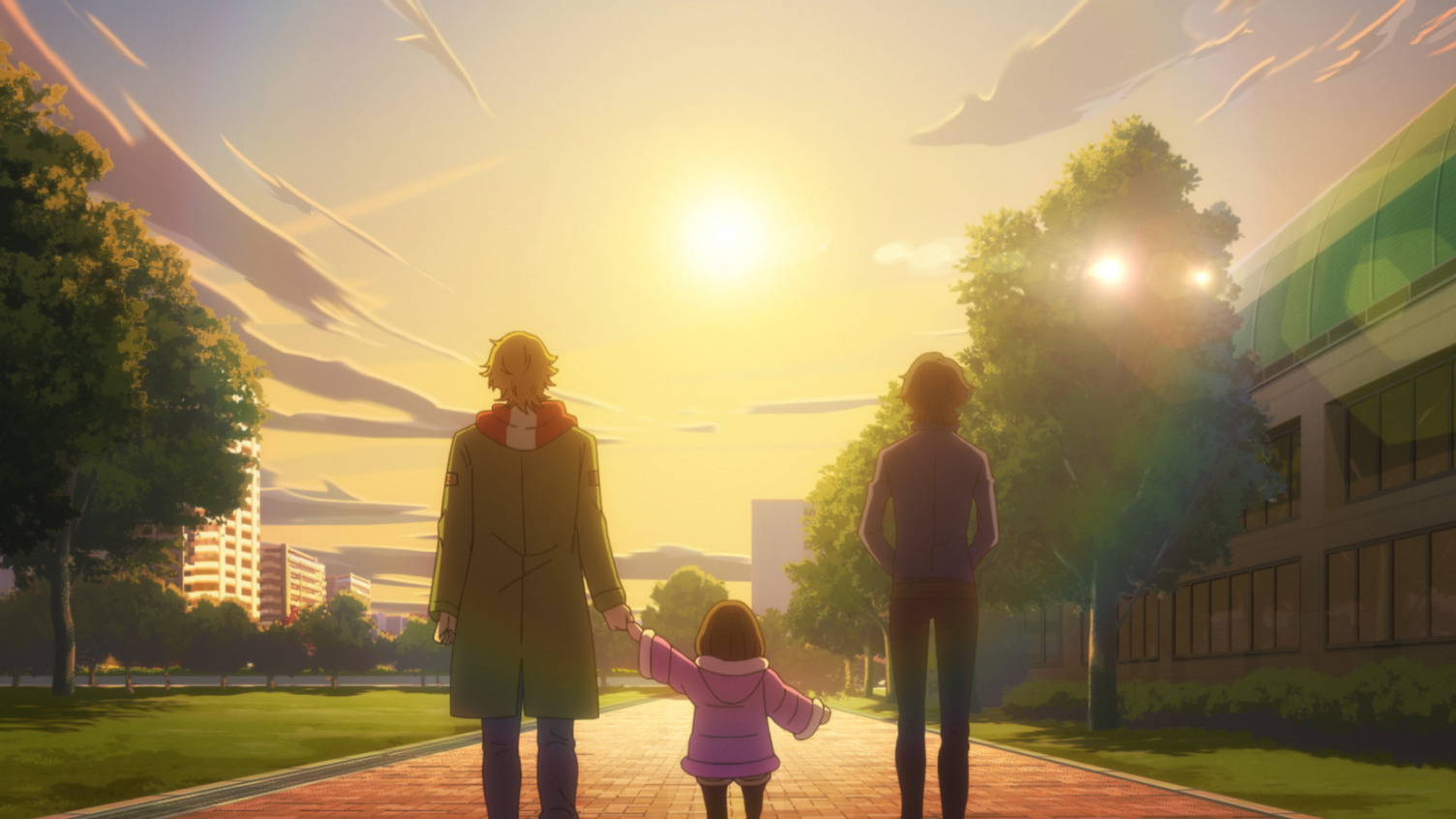 Kazuki, Rei and Mira walking toward the sunset 