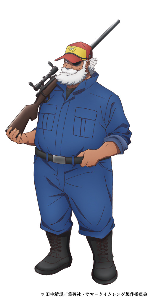 A character setting of Ginjiro Nezu, an elderly man with an eyepatch and a rifle dressed in hunting attire (a ball cap, dickies, and boots), from the upcoming Summertime Rendering TV anime.