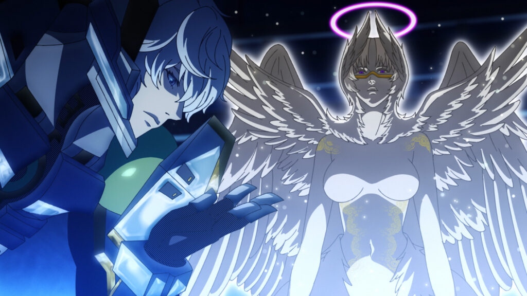 Metropoliman und sein Engelsassistent teilen einen düsteren Moment in einer Szene aus dem Platinum End TV-Anime.