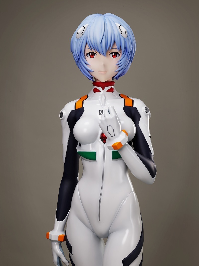A promotional image of the Rei Ayanami 1:1 Scale Figure from F:NEX, featuring a medium shot of the figure as viewed from the front.