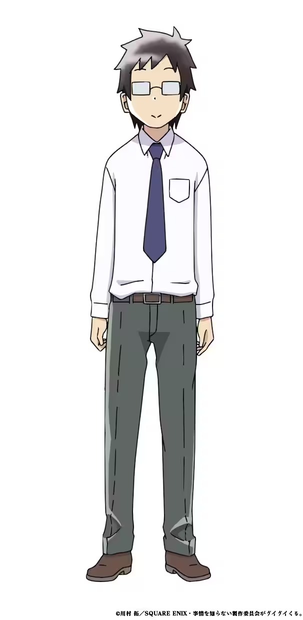 A character setting of Akane's Father from the upcoming My Clueless First Friend TV anime. Akane's Father is a slender, early middle-aged man with tousled brown hair. He wears thick glasses and the tie, business shirt, slacks, and shoes of a salaryman.