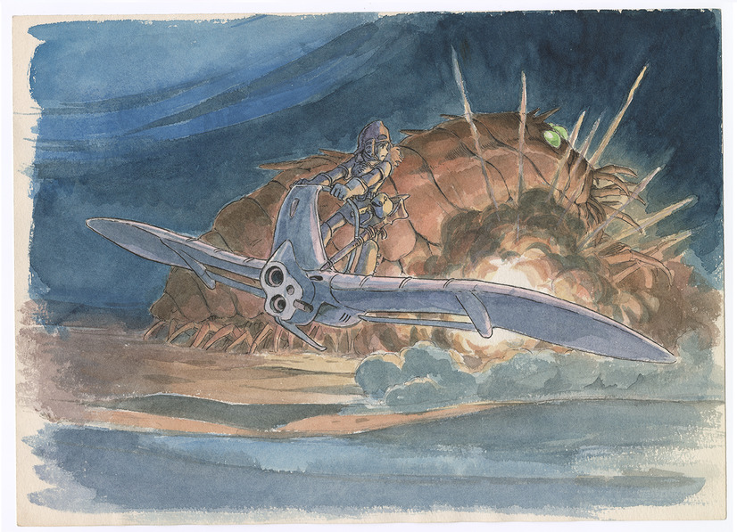 An image setting from the 1984 film, Nausicaa of the Valley of the Wind, as illustrated by Hayao Miyazaki. The setting features Nausicaa piloting her glider while behind her an Ohmu reels after being hit with explosive munitions.