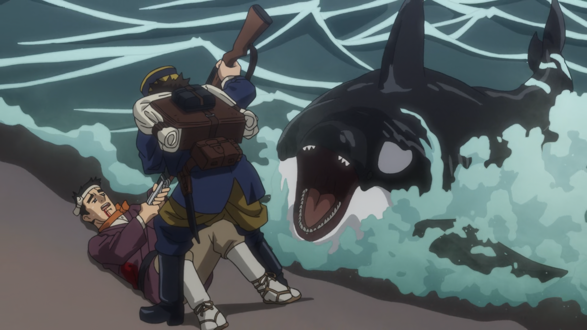 A beached orca attacks Sugimoto in Golden Kamuy