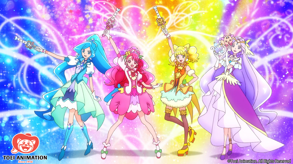 The cast of Healin' Good Pretty Cure strikes a heroic pose after completing their transformation sequences in a scene from the Healin' Good Pretty Cure TV anime.