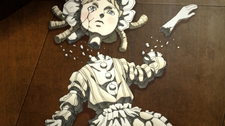 A porcelain doll of a young girl in a fluffy dresses lays shattered into pieces in a scene from the upcoming Shadows House TV anime.