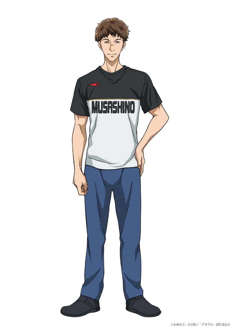 A character set of Kouji Satake from the ongoing Aoashi TV anime.  Kouji is a confident-looking young man with limp brown hair, brown eyes, and a smiling expression.  He wears casual clothes: a t-shirt, jeans and loafers.