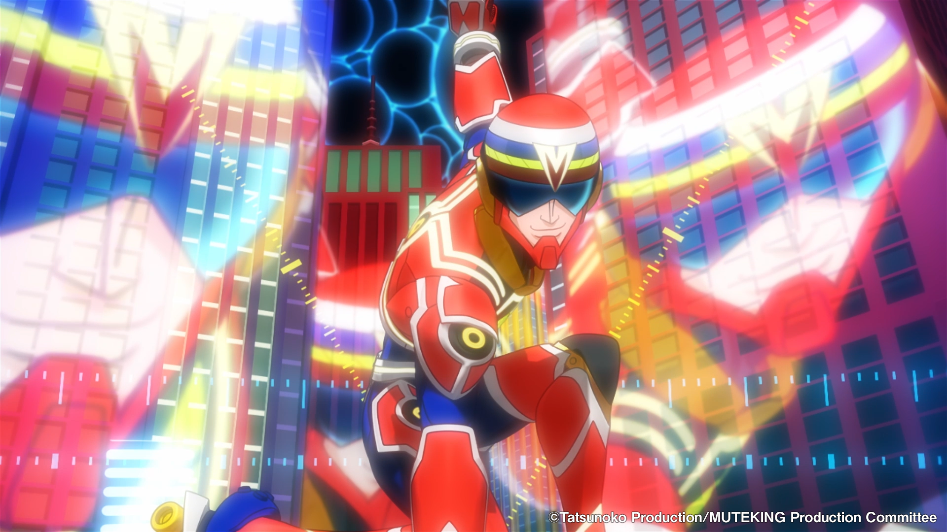 A screen capture from the preview video of the upcoming MUTEKING THE Dancing HERO TV anme, featuring the titular character striking a heroic pose in front of a futuristic city-scape. 