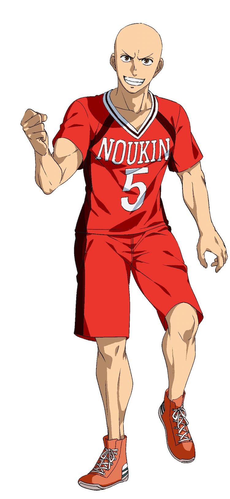 A character visual of Souma Azemichi, a small but powerful member of the Noukin High School kabaddi club. Souma is quite muscular despite his small stature, and his head is shaved.