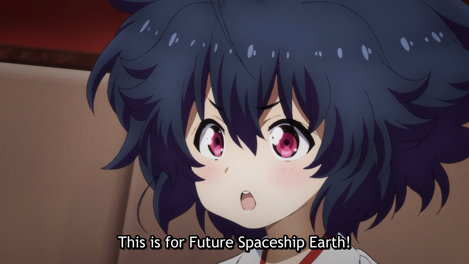 Sara Garando expounds on one of her many hare-brained, science fiction-inspired speculations in a scene from the 2019 ISLAND TV anime.