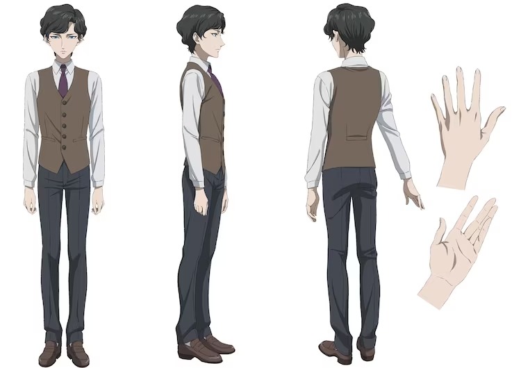 Eine Charaktereinstellung von Eiji Ichijou aus dem kommenden Migi & Dali TV-Anime.  Eiji ist ein schlanker junger Mann mit frisierten schwarzen Haaren.  Er trägt ein weißes Hemd, eine braune Weste, eine lila Krawatte, eine dunkelgraue Hose und braune Slipper.