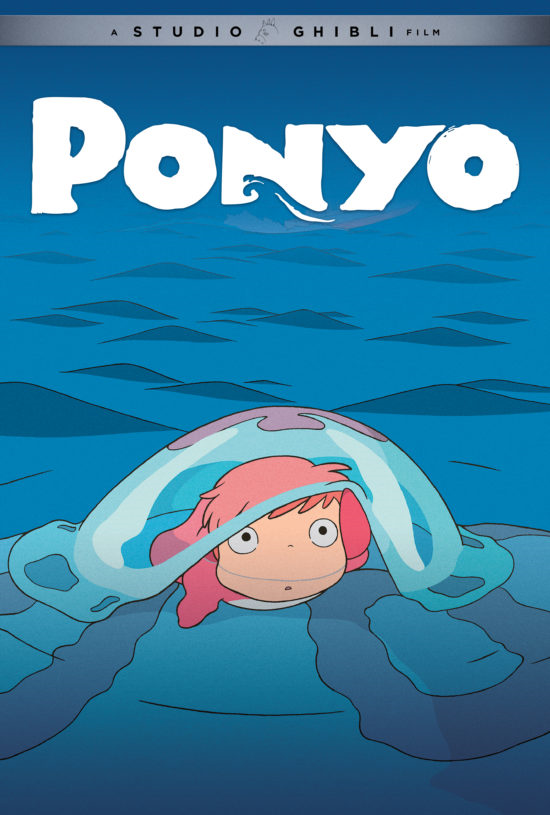 The GKIDS theatrical poster for the 2008 theatrical anime film Ponyo, featuring Ponyo - a tiny mermaid - peaking out from under a jellyfish.