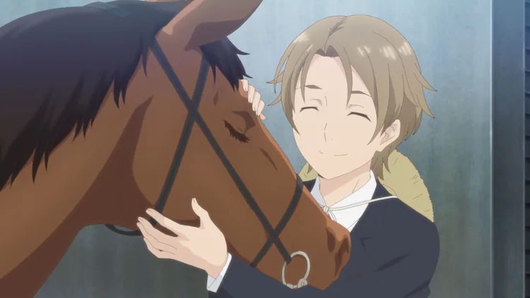 Jockey student Shun Kazanami gently pets a horse on the head in a scene from the upcoming Fanfare of Adolescence TV anime.