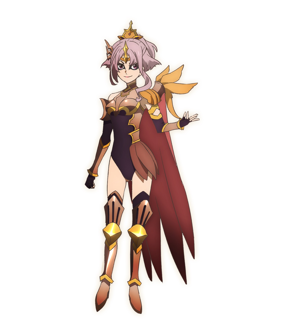 A character setting of Reda from the SEVEN KNIGHTS REVOLUTION: Hero Successor TV anime. Reda appears as a small-framed, pink-haired woman in form-revealing sorcerous armor and a cape. Her eyes are outlined with dark eye-liner, and she sports a villainous smirk.