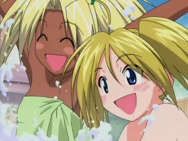 Kaolla Su and Sara McDougal frolic in the hot springs in a SFW screen capture from the Love Hina Again OAV series.