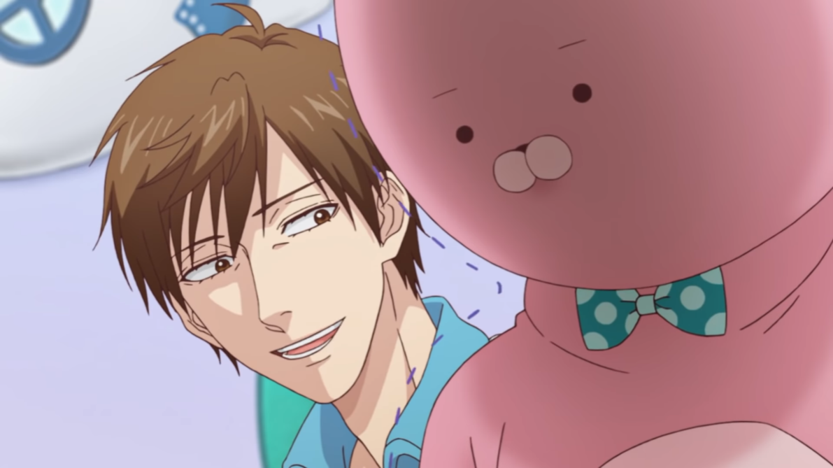 La mascota del conejo disfrazado Usaokun encuentra la actitud de su compañero de trabajo, Uramiichi Oniisan, completamente intimidante en una escena del próximo anime televisivo Uramichi Oniisan.