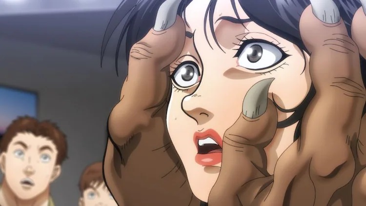 Pickle, an unfrozen caveman, gets a little too up-close-and-personal with a lady news reporter in a scene from the upcoming season 2 of the Baki Hanma Netflix original anime.