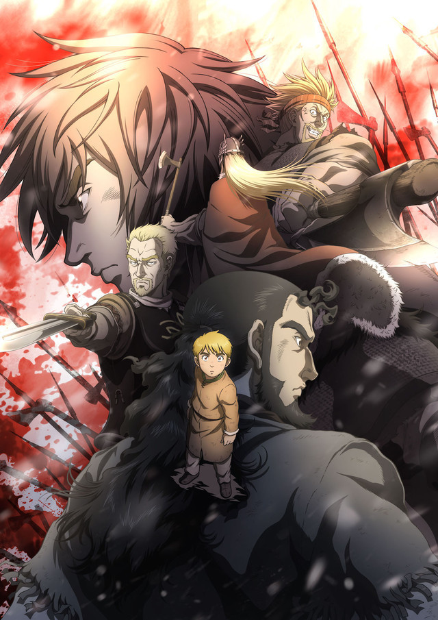 The main cast of Vinland Saga arrayed against a scene of medieval carnage and bloodshed.