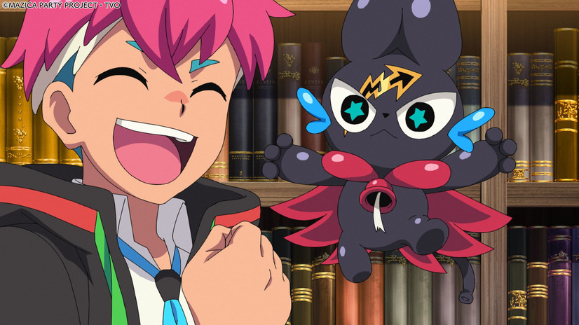 Main character Kezuru and cartoon mascot Balloonya share a moment of enthusiasm in a scene from the upcoming MAZICA PARTY TV anime.