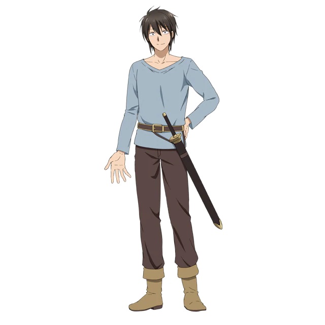 A character setting of Hawthorne, a human knight dressed in a simple outfit of shirt, breeches and boots with a sword at his hip from the upcoming Peach Boy Riverside TV anime.