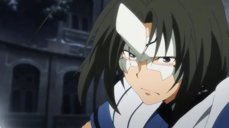 Haku prepares for battle with a determined look on his masked face in a scene from the Utawarerumono Mask of Truth TV anime.