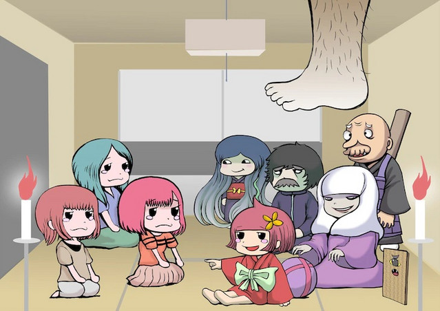 A key visual for the proposed Zashiki-warashi no Tatami-chan mini-anime, featuring the human hosts and their ghostly guests sharing a run-down Tokyo apartment.