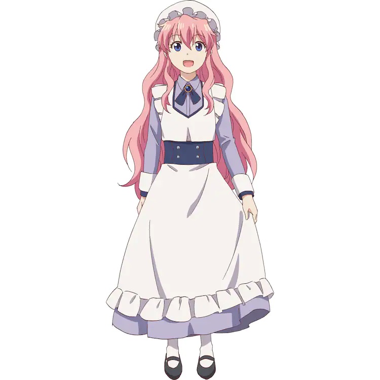 A character setting of Charlotte Soller from the upcoming Isekai Yakkyoku TV anime. Charlotte is a slender girl with long pink hair and purple eyes. She wears a traditional maid outfit with an apron and a hat.