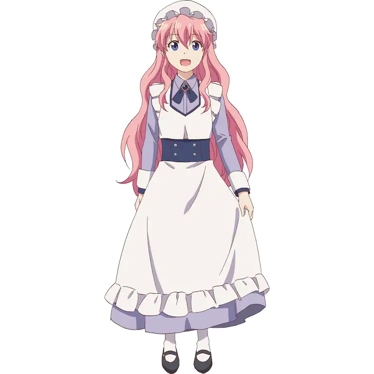 Eine Charaktereinstellung von Charlotte Soller aus dem kommenden TV-Anime Isekai Yakkyoku.  Charlotte ist ein schlankes Mädchen mit langen rosa Haaren und lila Augen.  Sie trägt ein traditionelles Dienstmädchen-Outfit mit Schürze und Hut.