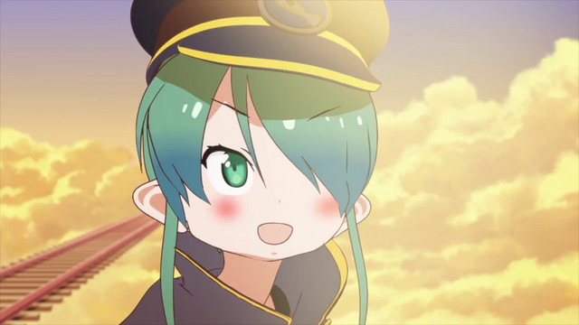 A close-up of the main character, a girl in a conductor uniform, from the Keifuku-san short anime by Tatsuki and Irodori.