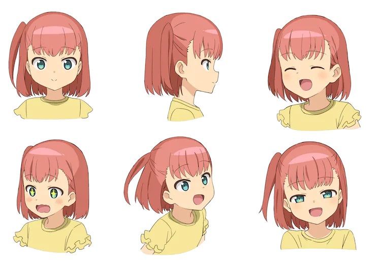 A character setting of Kokoro from the upcoming The Great Jahy Will Not Be Defeated! TV anime. Kokoro is a young girl with green eyes and shoulder-length red hair arranged in a side ponytail. She wears a yellow blouse and a pink skirt as well as pink and yellow sneakers.