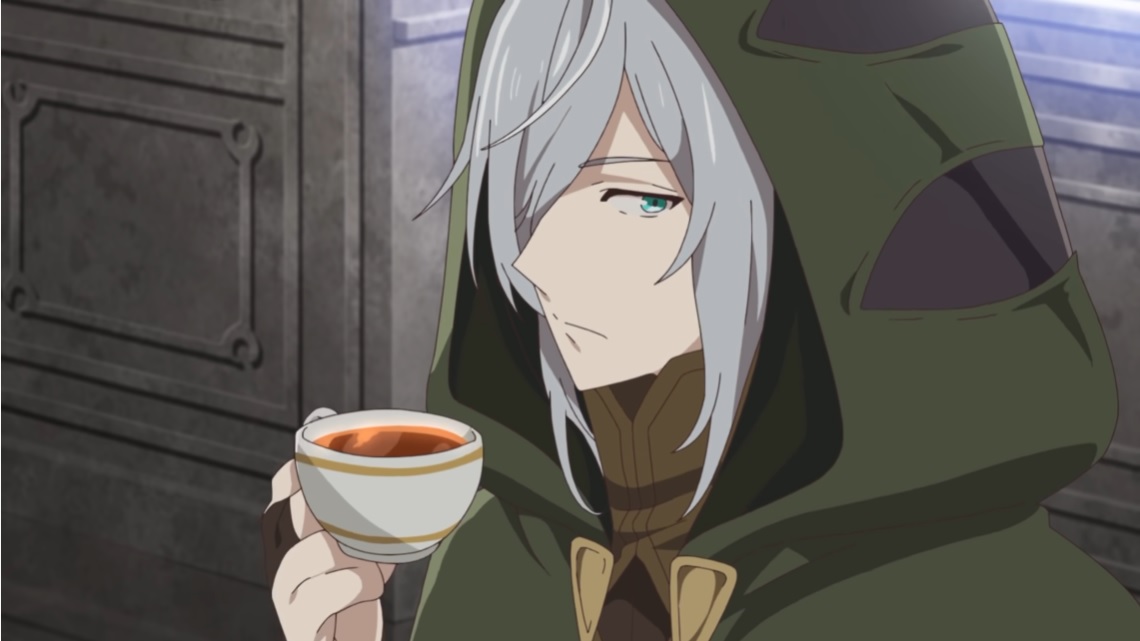 Meines, a shadowy assassin, savors a pleasant cup of tea in a scene from the upcoming I'm Quitting Heroing TV anime.