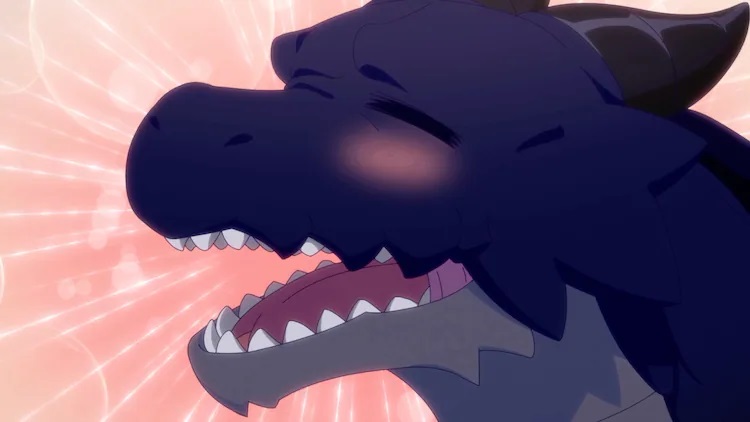 Ravendia, a friendly dragon maligned as being an evil villain, smiles and blushes in a scene from the upcoming Japanese language version of the A Herbivorous Dragon of 5,000 Years Gets Unfairly Villainized original net animation.