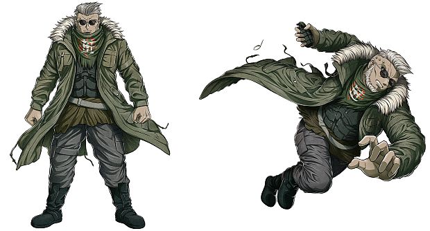 A character setting of Roku Saigo from the upcoming Tribe Nine TV anime. Roku is an imposing young man with a Mohawk hairstyle and a chinstrap beard. He wears sunglasses, a trench coat with a fur lining, and layers of ragged clothing including a shirt, tactical vest, cargo pants, and boots. He carries a hand grenade as a weapon.