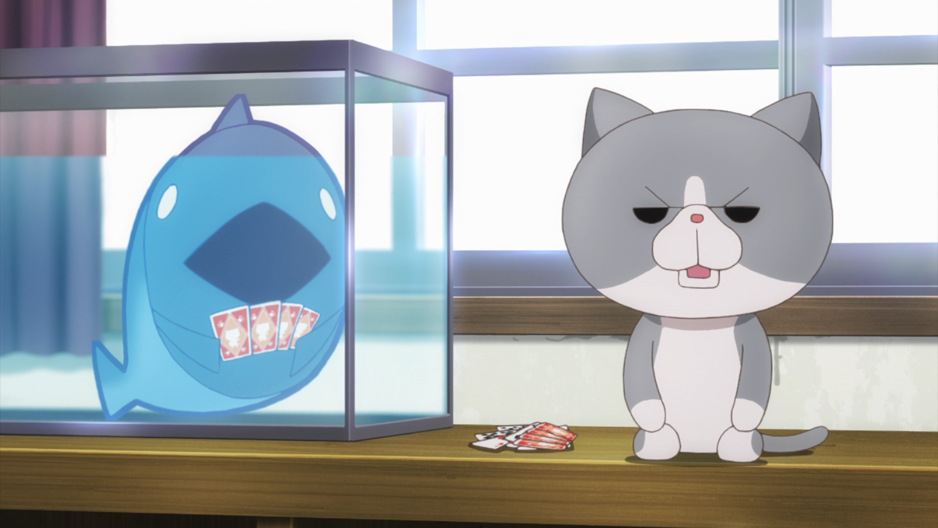 Neko-senpai, a talking cat, and a cartoon fish in an aquarium play a card game in a scene from the 2017 Anime-Gataris TV anime.