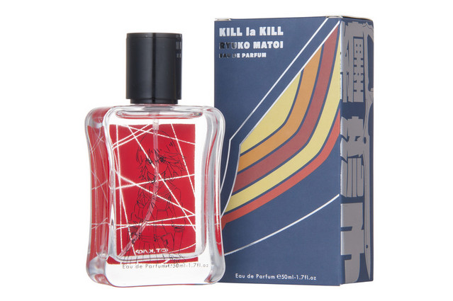 A promotional image of the product and packaging of the Ryuko Matoi eau de parfum fragrance by Fairytail, featuring artwork inspired by the Life Fibers and Senketsu from the Kill la Kill TV anime.