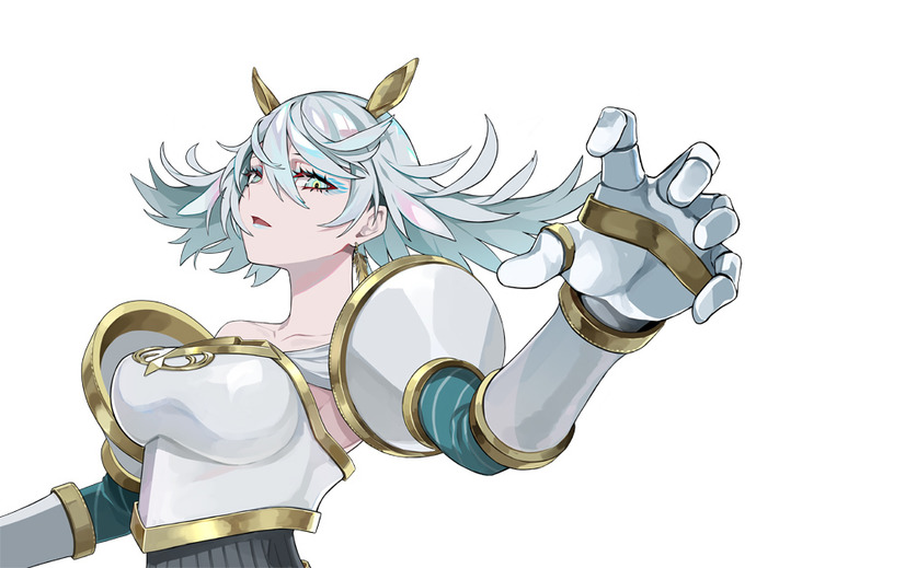 A character setting of "Valkyrie", a heroine from the upcoming takt op. TV anime. Valkyrie is depicted as an armored woman with iridescent white hair and pale green eyes. She wears a golden hair ornament resembling horse ears and is clad in a breastplate, pauldrons, and gauntlets of white and gold.