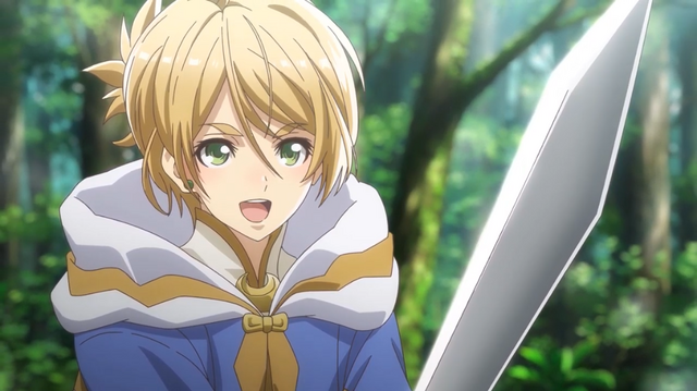 A female knight brandishes her sword with a smile in a scene from the Hortensia Saga TV anime announcement trailer.