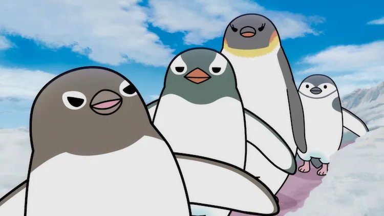 A pack of pugnacious penguins are on the march in a scene from the upcoming Eiga Zannen na Ikimono Ziten theatrical anime film.