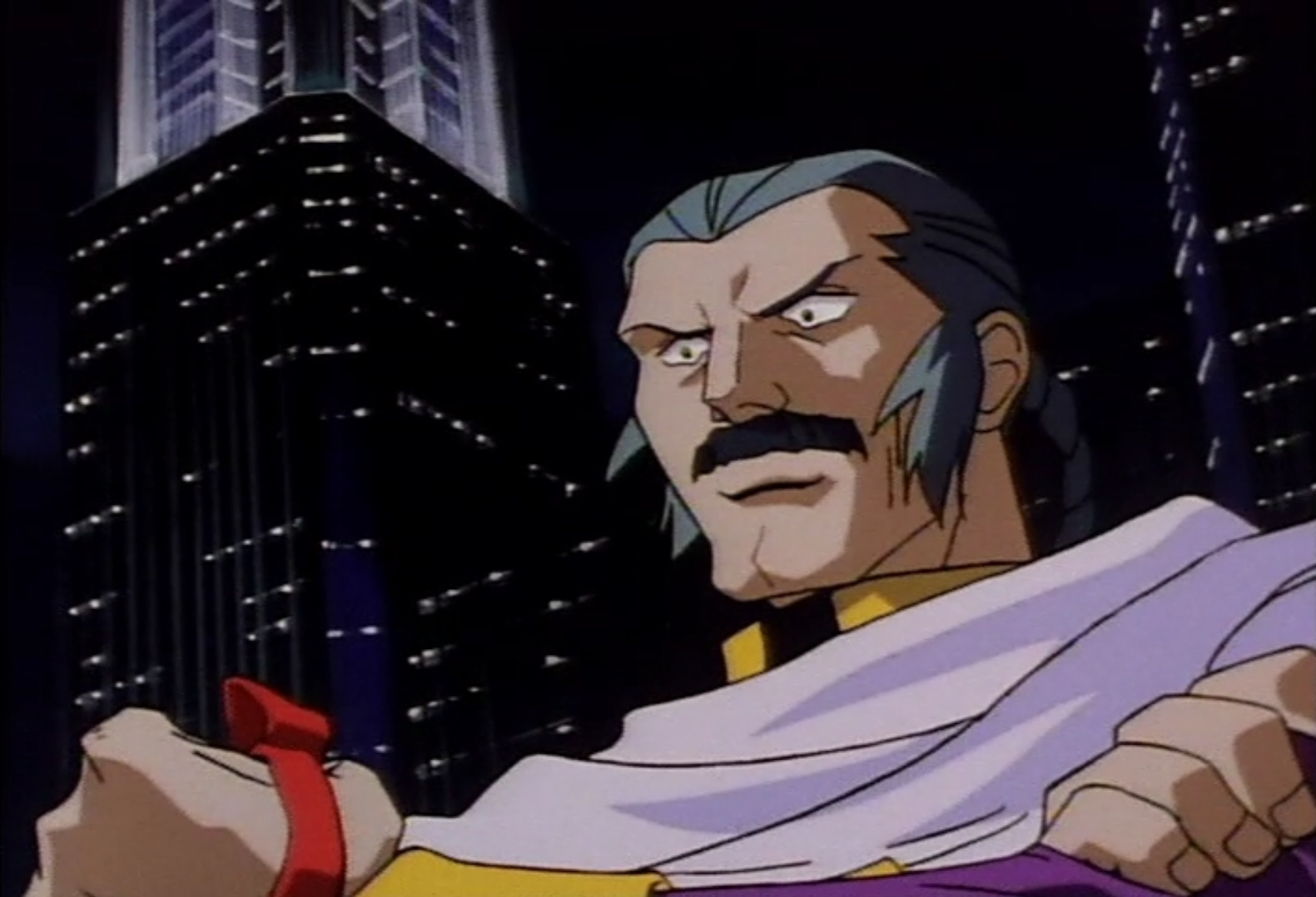 Master Asia makes a dramatic entrance in a scene from the Mobile Fighter G-Gundam TV anime.