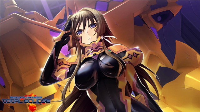 Clad in her battlesuit and standing in front of her mecha, Yui offers a salute in a scene from the Muv-Luv Alternative Total Eclipse Remastered visual novel game for PC on Steam.