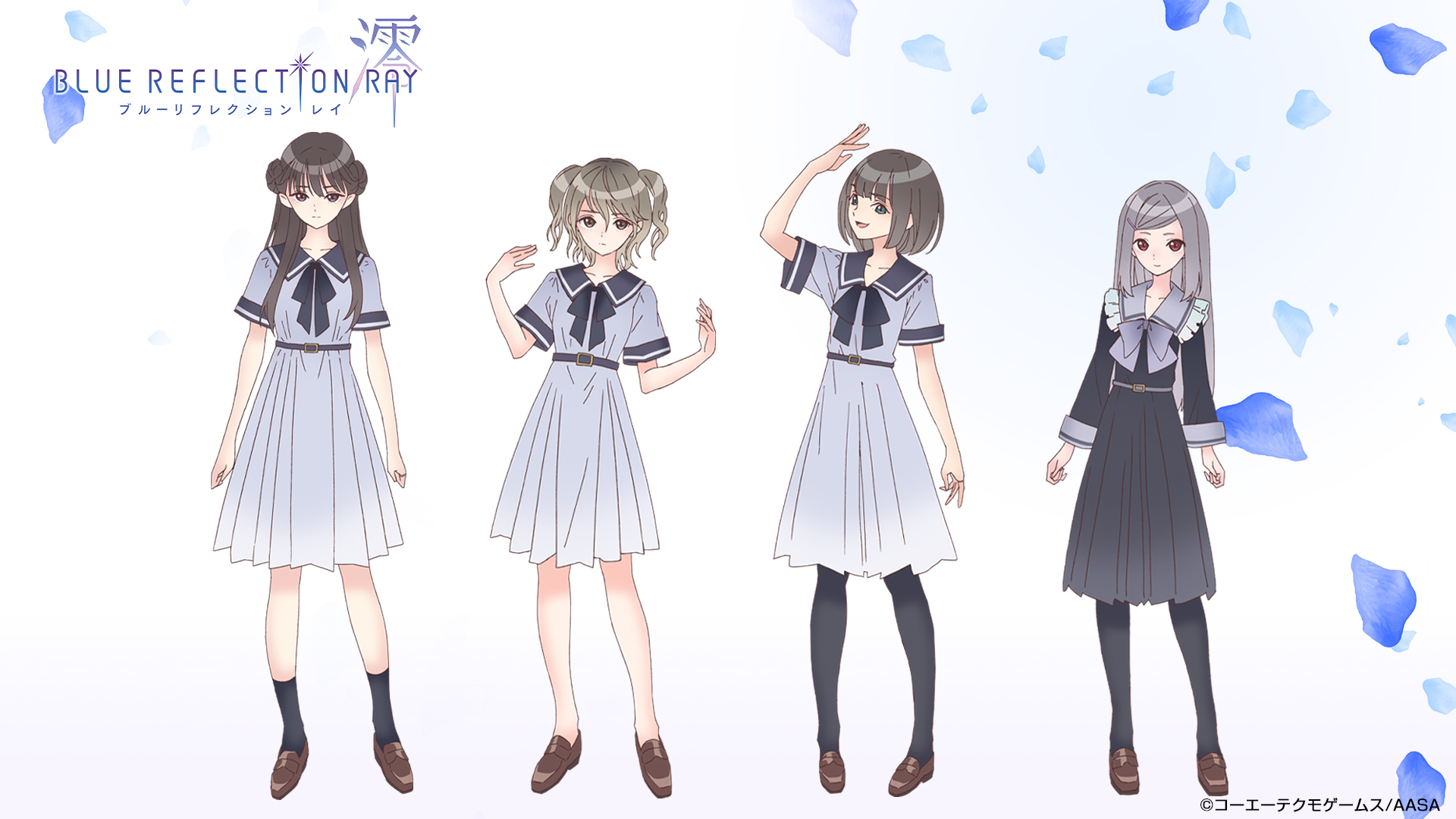 A promotional image featuring character settings for Mio Hirahara, Nina Yamada, Uta Komagawa, and Shino Mizusaki from the upcoming BLUE REFLECTION RAY / Mio TV anime.