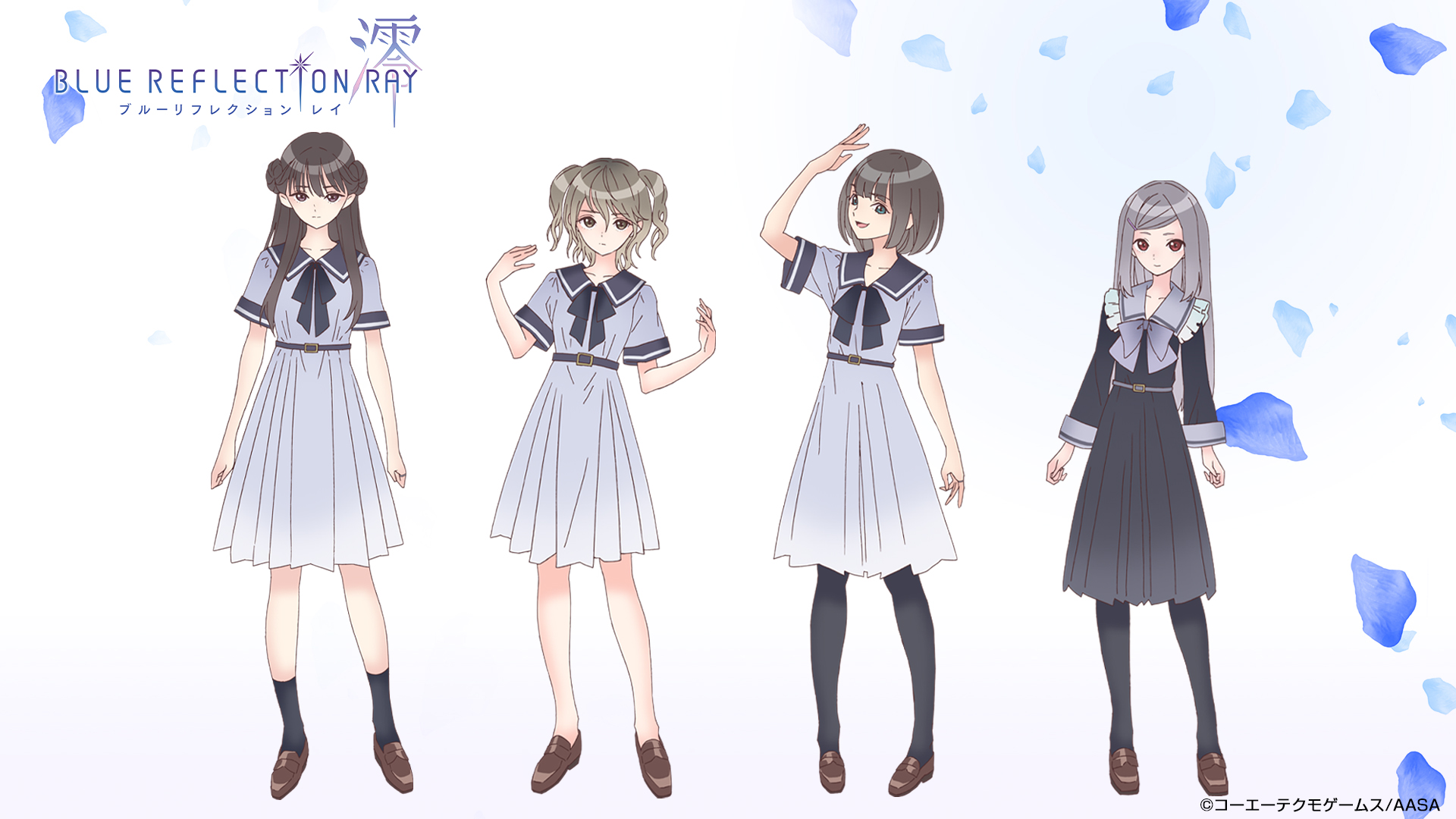 Ein Werbebild mit Charaktereinstellungen für Mio Hirahara, Nina Yamada, Uta Komagawa und Shino Mizusaki aus dem kommenden TV-Anime BLUE REFLECTION RAY / Mio.