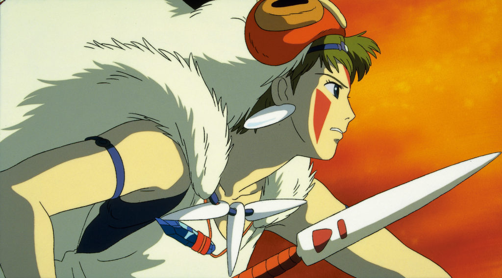 San brandishes a spear as she and her wolf brethren assault the human compound in a scene from the 1997 Princess Mononoke theatrical anime film.
