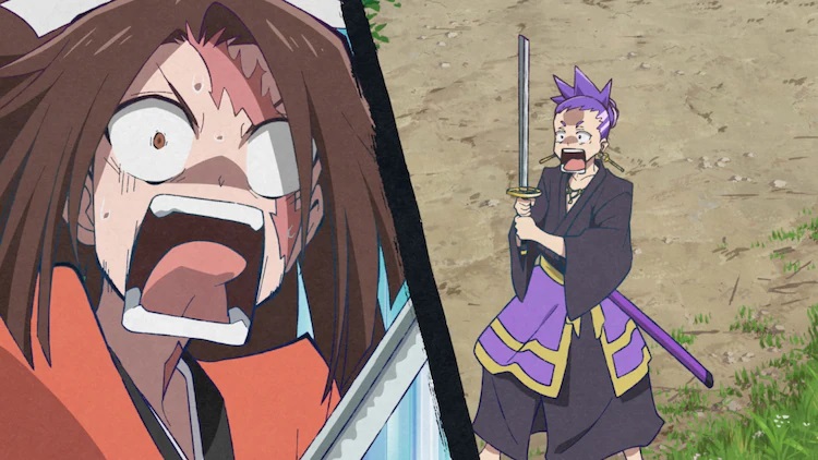 ¡Heisuke Todo se asusta después de que Suzuran rompe la punta de su katana en una escena del próximo Shine On!  Anime de televisión Bakumatsu Bad Boys.