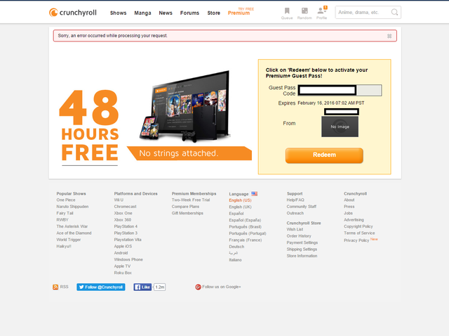 Crunchyroll Forum Can t Redeem Free 2 Day Premium Gift Code