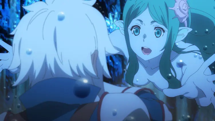 Bell encounters Marii the mermaid in a scene from the upcoming fourth season of the Is It Wrong to Try to Pick Up Girls in a Dungeon? TV anime.