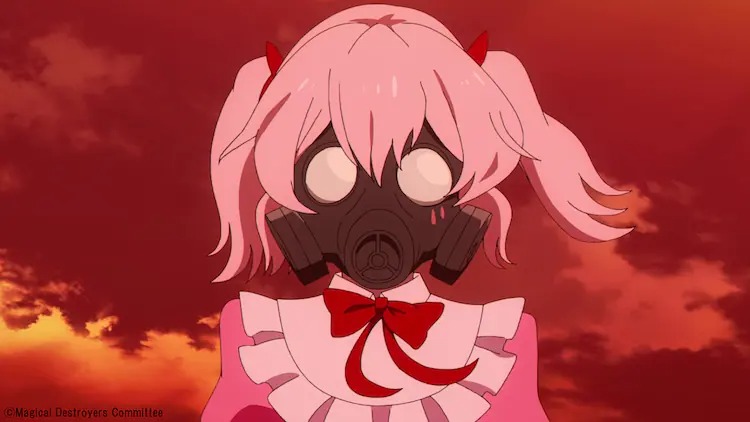 Pink, a magical girl clad in a face-covering gas mask and a pink maid outfit, stares ominously forward beneath a blood-red sky in a scene from the upcoming Magical Girl Destroyers TV anime.